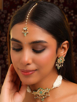 Ruby Raang Studio - Green-Gold Kundan Necklace with Earrings and Maang Tikka