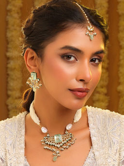 Ruby Raang Studio - Pearl Glow Kundan Necklace with Earrings and Maang Tikka