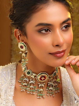 Ruby Raang Studio - Green Royal Kundan Necklace with Earrings