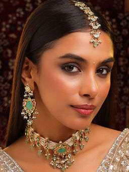 Ruby Raang Studio - Rajkumari Kundan Necklace with Earrings and Maang Tikka