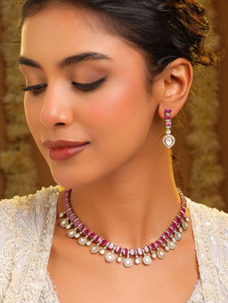 Ruby Raang Studio - Pink Kundan Necklace with Earrings