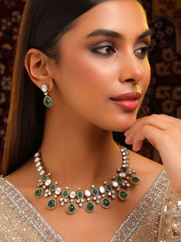 Ruby Raang Studio - Green Stone Kundan Necklace with Earrings