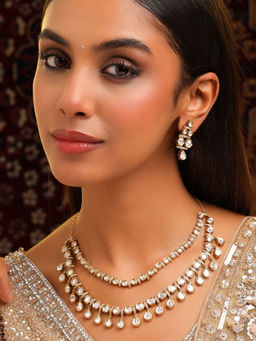 Ruby Raang Studio - White 3-Layered Kundan Necklace with Earrings
