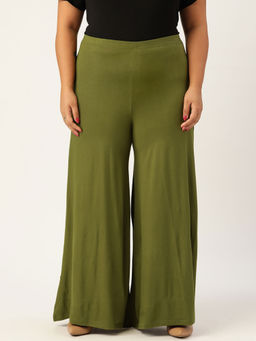 theRebelinme - Plus Size Women's Olive Solid Color Knitted Flared Palazzo