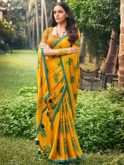 Odette - Womens Chiffon Mustard Embellished Saree with Unstitched Blouse