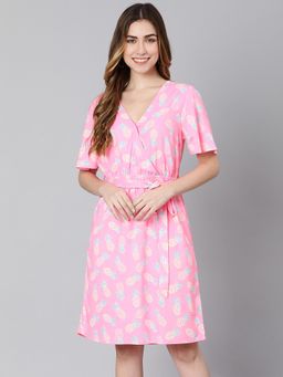 Oxolloxo - Women Printed Knee Length Dress with Belt - Pink (Set of 2)