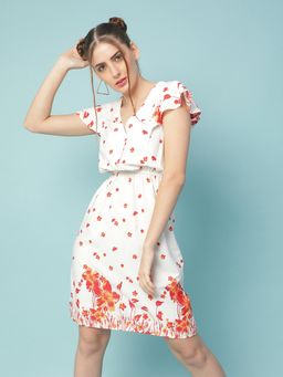 Oxolloxo - Women Printed Knee Length Dress - White