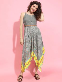 Oxolloxo - Women Floral Midi Dress with Belt - Grey (Set of 2)