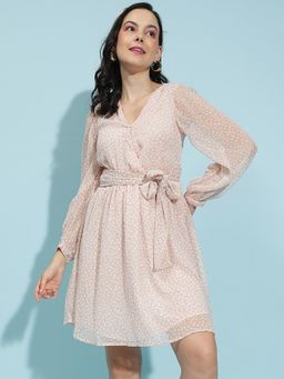 Oxolloxo - Women Printed Mini Dress with Belt - Mauve (Set of 2)