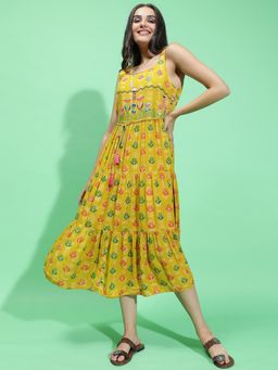 Oxolloxo - Women Embellished/Sequined Midi Dress with Belt - Yellow (Set of 2)