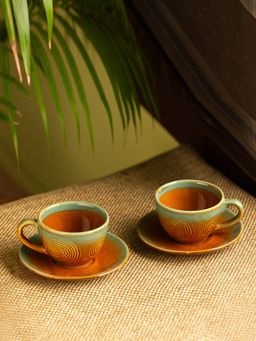 ExclusiveLane - Peacock Boulevard Hand-Engraved Ceramic Tea Cups & Saucers (Set of 2)