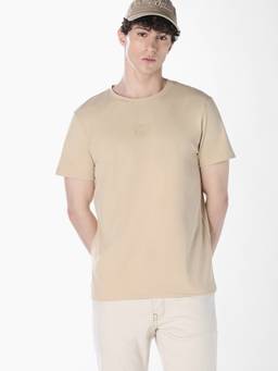 Jack & Jones - Men Beige Solid/Plain Cotton T-Shirt