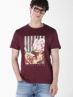 Jack & Jones - Men Maroon Floral Cotton Blend T-Shirt