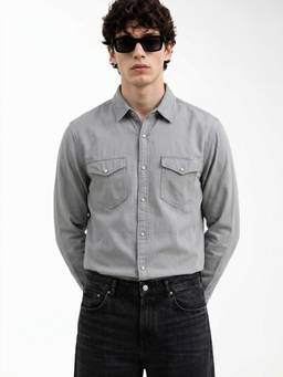 Jack & Jones - Men Grey Solid/Plain Cotton Shirt