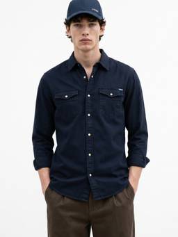 Jack & Jones - Men Navy Blue Solid/Plain Cotton Shirt