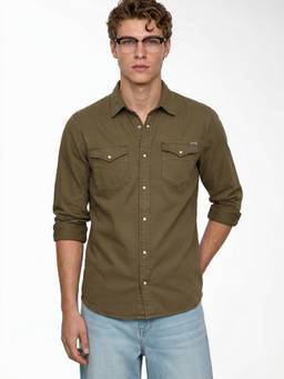 Jack & Jones - Men Green Solid/Plain Cotton Shirt