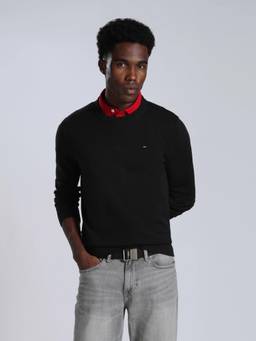 Tommy Hilfiger - Men Black Solid/Plain Cotton Sweater