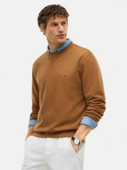 Tommy Hilfiger - Men Brown Solid/Plain Cotton Blend Sweatshirt