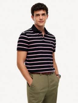 Tommy Hilfiger - Men Navy Blue Stripes Cotton Polo T-Shirt