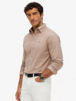 Tommy Hilfiger - Men Beige Solid/Plain Cotton Shirt