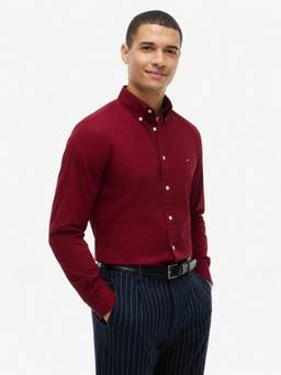 Tommy Hilfiger - Men Wine Solid/Plain Cotton Shirt
