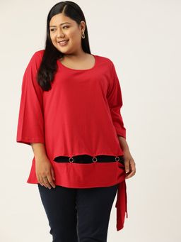 theRebelinme - Plus Size Women Red Solid Color Top with Ring Detail at Bottom