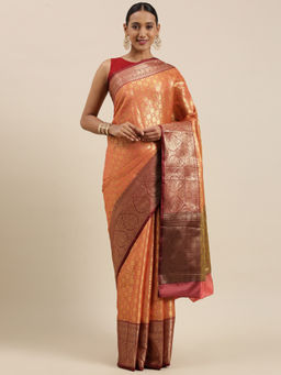 Banarasi Silk Works - Peach Kanchi Silk Pattu Border Saree with Unstitched Blouse