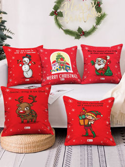 Indigifts - Christmas Cushion Covers Christmas Characters Printed Set of 5 Red (18x18 inches)
