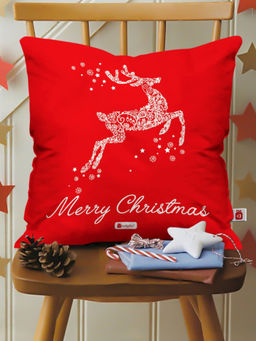 Indigifts - Satin Christmas Reindeer Print Red Cushion Cover with Filler (12x12 inches)