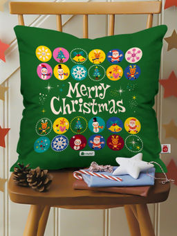 Indigifts - Merry Christmas Print Green Cushion Cover with Filler (12x12 inches)