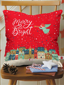 Indigifts - Merry & Bright Print Red Cushion Cover with Filler (12x12 inches)
