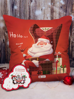 Indigifts - Micro Satin Christmas Printed Red Cushion Cover with Filler (12x12 inches)