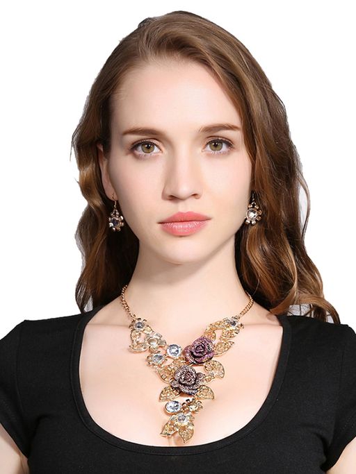 Yellow Chimes Gold-Plated White & Purple Stone-Studded Floral Jewellery Set