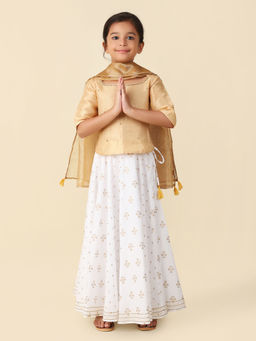 Fabindia - White Foil Print Girls Lehenga Choli and Dupatta (Set of 3)