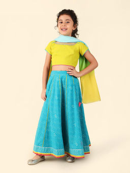 Fabindia - Blue Paisley Print Girls Lehenga Choli and Dupatta (Set of 3)