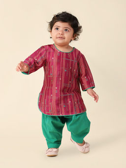 Fabindia - Silk Green Printed Round Neck Girls Salwar Kurta (Set of 2)