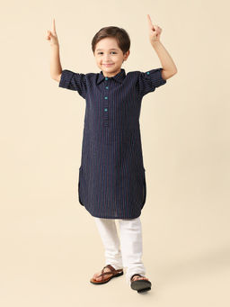 Fabindia - Navy Dobby Stripes Spread Collar Boys Pathani Kurta