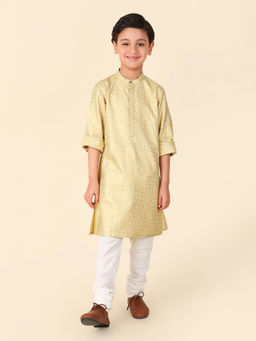 Fabindia - Beige Block Print Mandarin Neck Boys Long Kurta