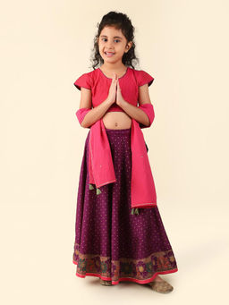 Fabindia - Blend Purple Foil Print Girls Lehenga Choli (Set of 3)