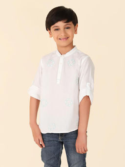 Fabindia - White Embroidered Mandarin Neck Boys Short Kurta
