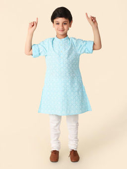 Fabindia - Blue Printed Roll-Up Sleeve Knee Length Boys Long Kurta