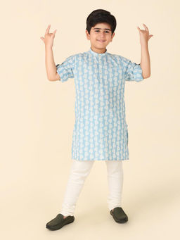 Fabindia - Blue Printed Roll-Up Sleeves Knee Length Boys Long Kurta
