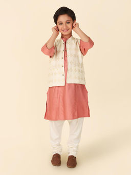 Fabindia - Peach Cutwork Woven Boys Kurta and Nehru Jacket (Set of 2)