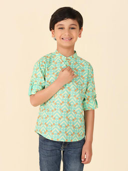 Fabindia - Green Printed Mandarin Neck Boys Short Kurta