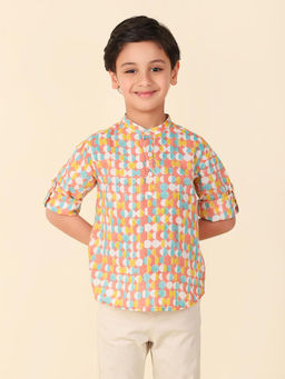 Fabindia - Coral Printed Mandarin Neck Boys Short Kurta