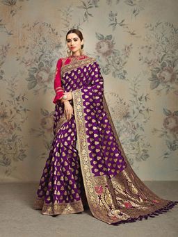 Odette - Purple Weaved Jacquard Silk Designer Saree with Unstitched Blouse