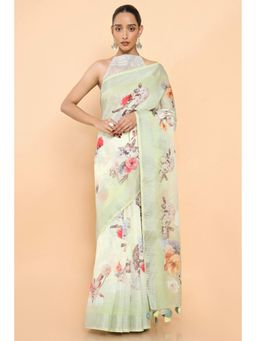 Soch - Women Yellow Linen Floral Saree with Unstitched Blouse