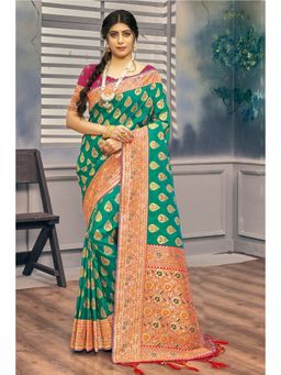 EXCLUSIVA - Green Banarasi Saree with Unstitched