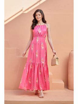 Pasha India - Hot Pink Tiered Fit Satin Maxi Dress