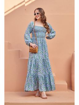 Pasha India - Sea Green Smocked Satin Maxi Dress